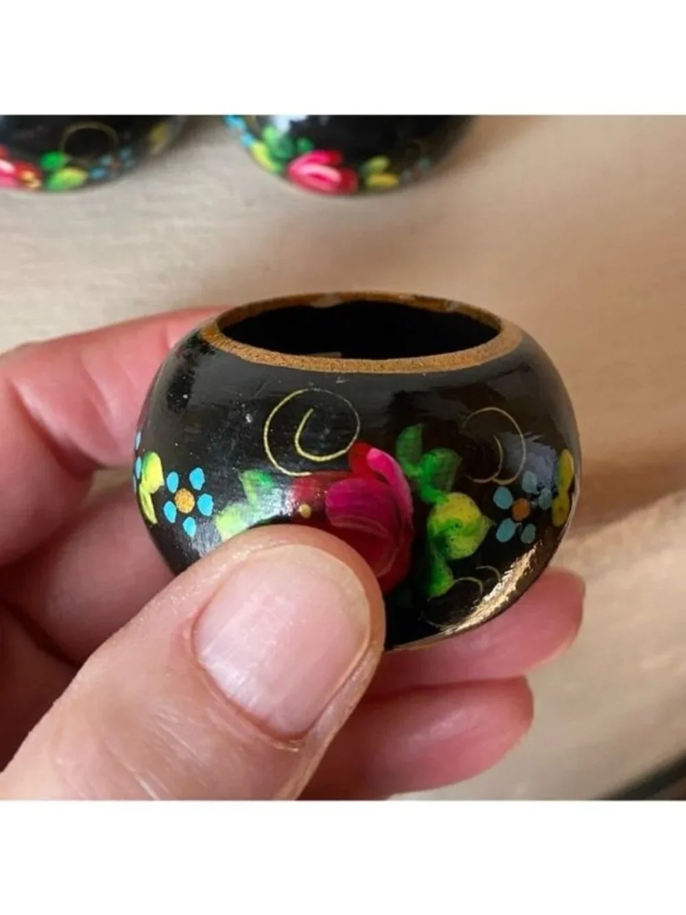 Russian Hand Painted Black Laquered Wood Floral Napkin Rings